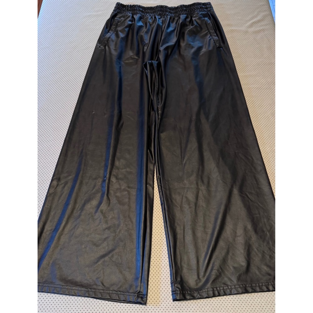 OFFLINE by Aerie Real Luxe Black Faux Leather Wide Leg Pants Smock Waist Size L